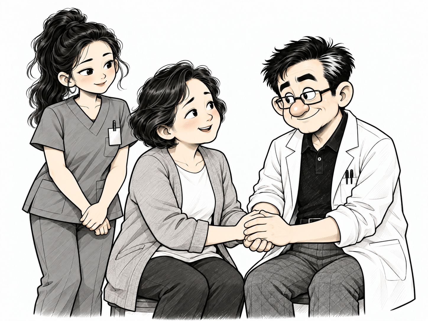 송박사과 정수민 간호사가 환자의 손을 잡고 함께 미소 짓는 차트클린 가상 장면